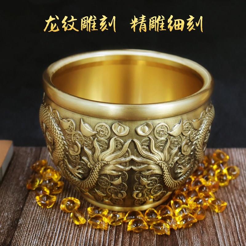 黄铜缸客厅办公室招财缸聚财聚宝盆五谷米缸装饰品百福双龙缸摆件