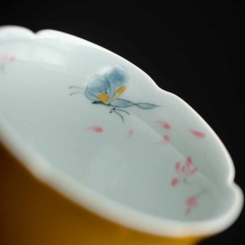 草木祠 拓黄釉粉彩手绘盖碗 带盖泡茶碗茶人茶具二才小盖碗薄胎
