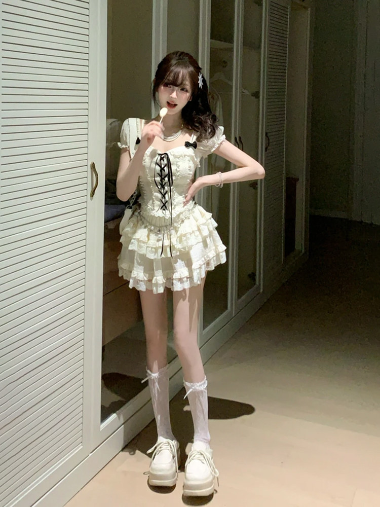 XZY/欣争艳 微胖mm甜辣芭蕾风收腰绑带上衣女夏季蓬蓬半身裙套装