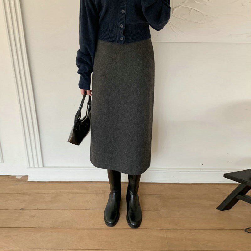 秋冬黑色加厚羊毛呢子保暖宽松直筒中长款半身裙子女大码包臀高腰