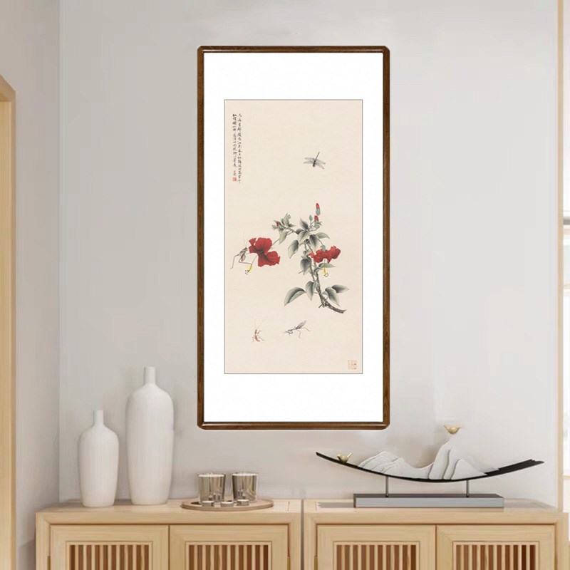 于非暗国画玄关花卉挂画走廊过道竖版壁画中式装饰画工笔蜻蜓点花