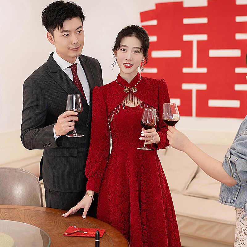 旗袍敬酒服新娘高级感秋冬季结婚礼服裙中式红色订婚连衣裙女长袖