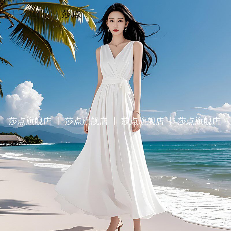 白色薄纱连衣裙女夏2025新款气质长款长裙背心裙海边度假沙滩裙