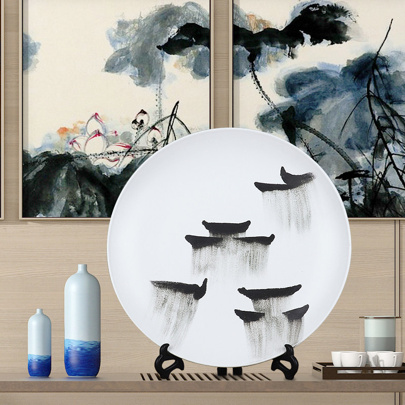 新中式禅意装饰坐盘水墨画陶瓷工艺品摆件样板间书柜玄关家居饰品
