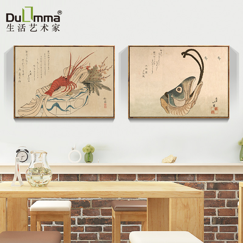日式挂画海鲜美食装饰画包厢墙面画鱼虾料理餐饮浮世绘日料店壁画