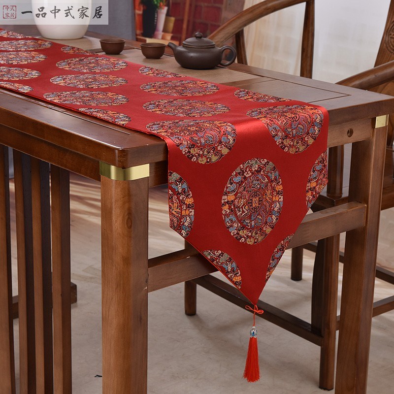 新中式桌旗结婚用红色织锦缎时尚喜庆餐桌桌布禅意茶几布艺床旗图片