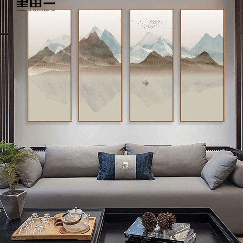 客厅墙面新中式挂画灰色山水抽象简约装饰画四联整幅配画沙发背景