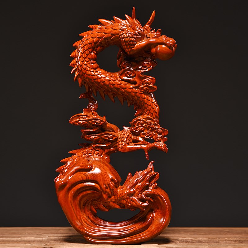 花梨实木雕刻盘龙摆件中式生肖龙玄关博古架摆设家居店铺公司送礼