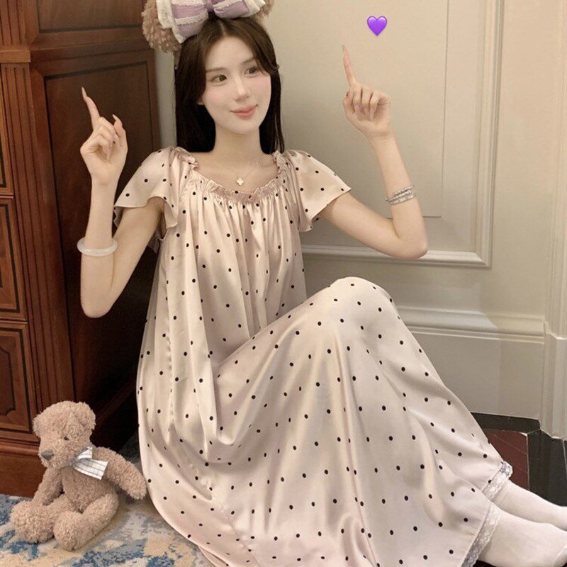 草莓啵啵~冰丝睡裙女夏季甜美波点蕾丝短袖连衣裙家居服睡衣裙子