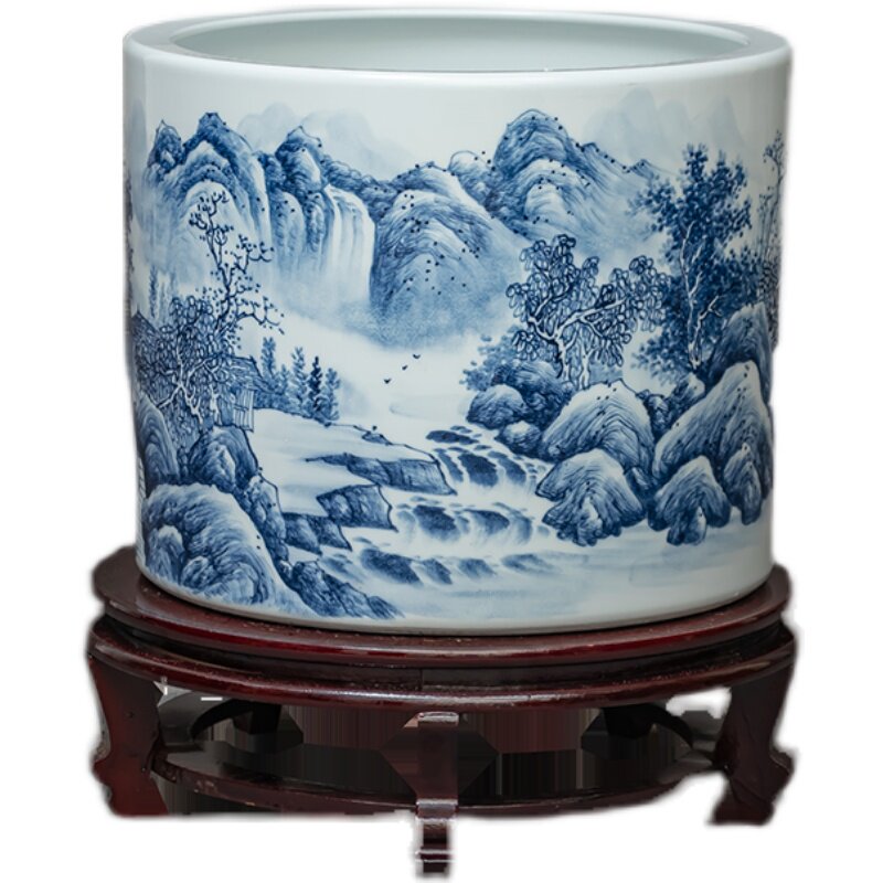 景德镇陶瓷手绘山水书画收纳缸客厅落地大花瓶书房字画桶装饰摆件