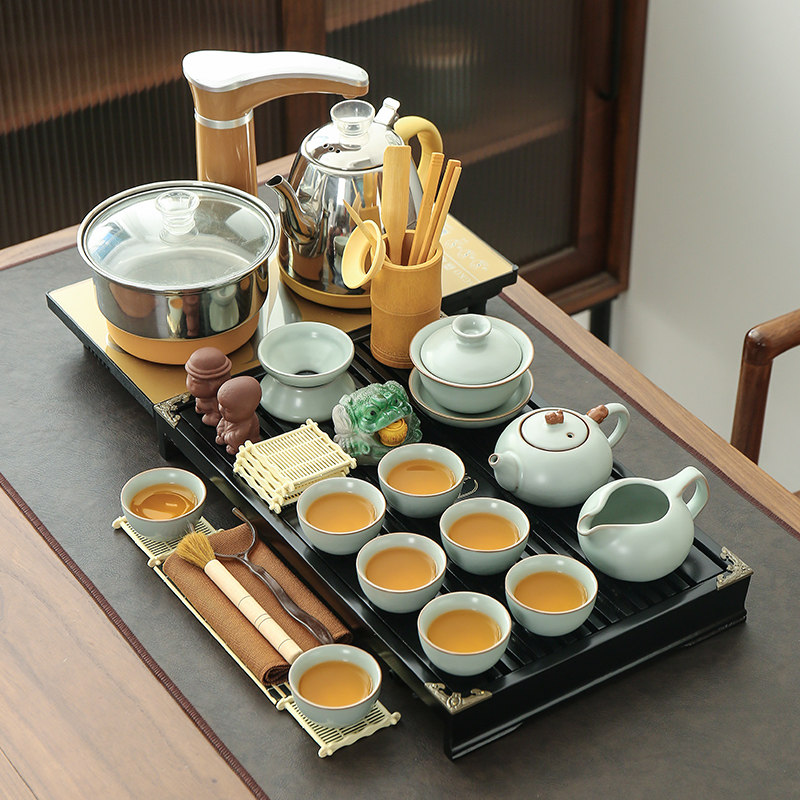 整套全自动功夫茶具套装家用实木茶盘组合四合一电热磁炉茶海茶台