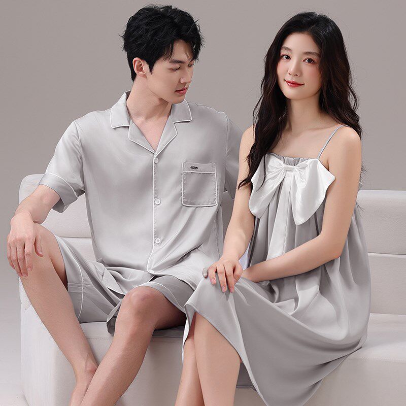冰丝凉感型情侣睡衣夏季短袖薄款一男一女吊带睡裙丝绸家居服套装