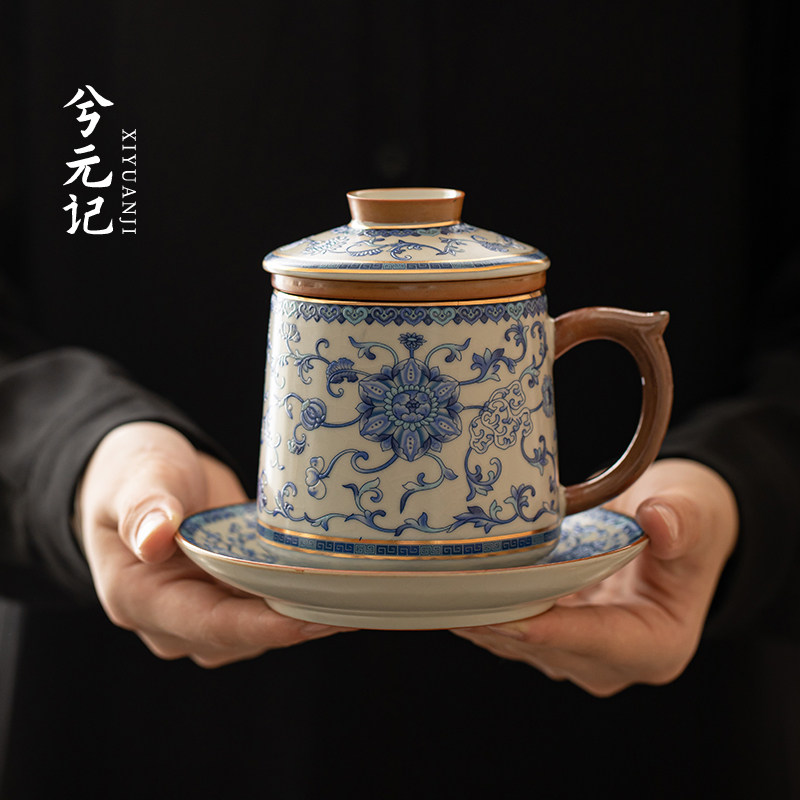 青花汝窑茶杯陶瓷带盖过滤茶水分离杯描金满花珐琅彩办公水杯杯子