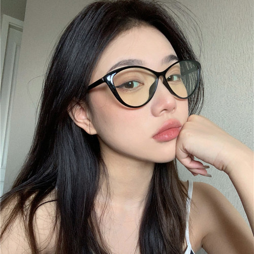 欧美辣妹TR90超轻猫形近视眼镜黑框女素颜复古摩登防蓝光平光镜架