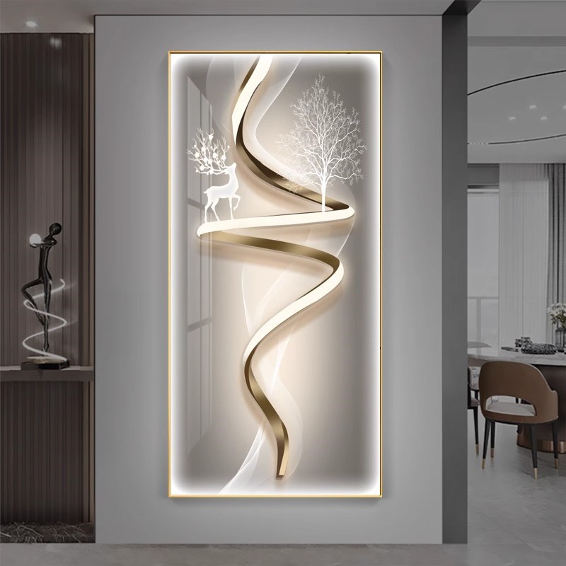 入户LED灯玄关装饰画轻奢高级感竖挂画走廊过道抽象壁画鹿晶瓷画