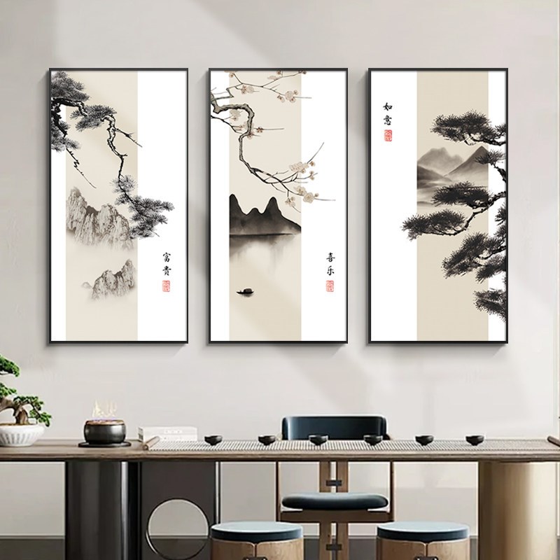 新中式花鸟玄关装饰画中国风水墨山水画走廊过道墙面装饰壁画挂画
