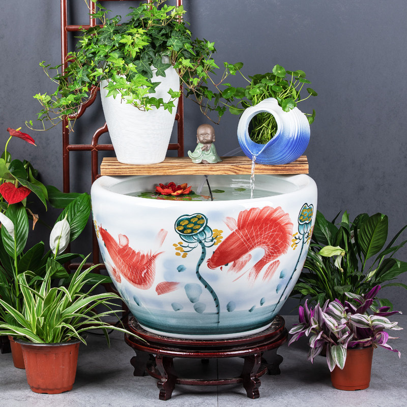 景德镇手绘陶瓷鱼缸大缸水缸阳台睡莲荷花缸室外庭院古法养金鱼缸