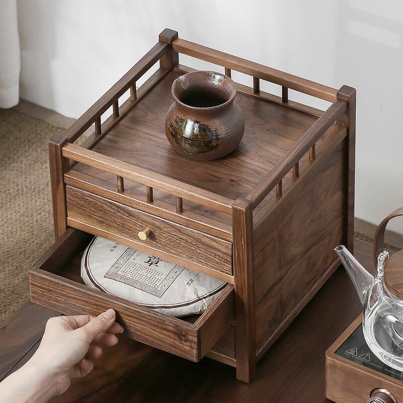 胡桃实木茶饼收纳柜三层普洱茶盒抽屉式博古架茶桌台面茶具置物架