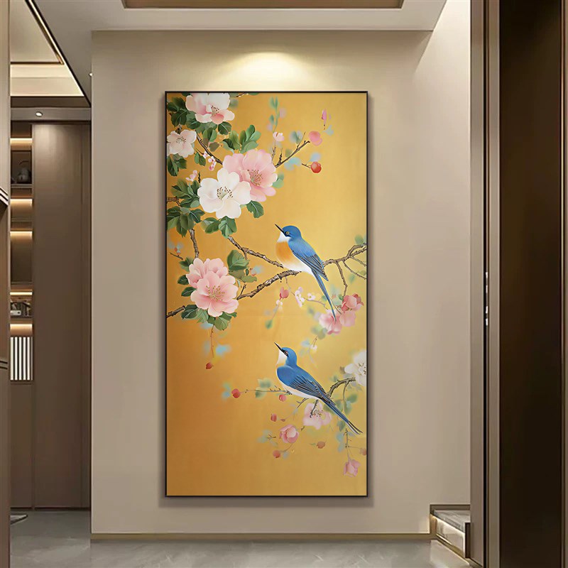 喜上眉梢新中式玄关装饰画蓝雀报喜客厅进门挂画吉祥入户家居壁画