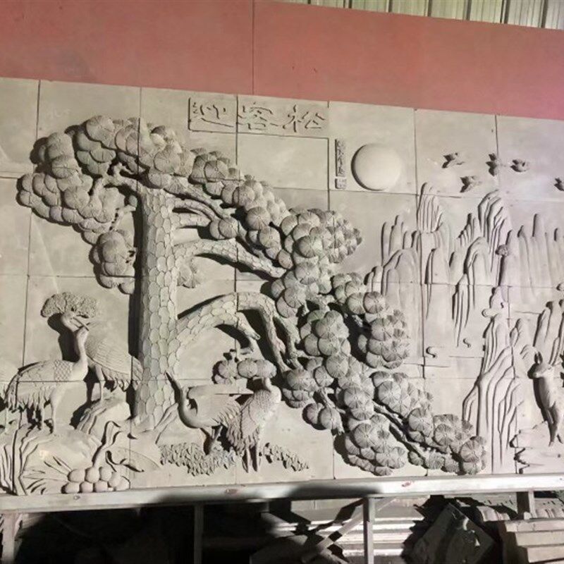 定制纯手工砖雕花鸟山水中式仿古建筑浮雕壁画迎客松古建墙面装饰