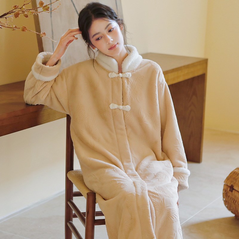 新中式睡衣女冬季复古加厚珊瑚绒睡裙高级感提花中长款家居服睡袍