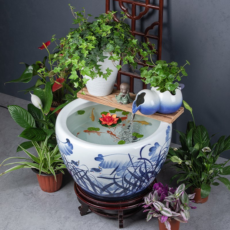 景德镇陶瓷鱼缸手绘山水青花瓷锦鲤缸阳台庭院门海古法养鱼大水缸