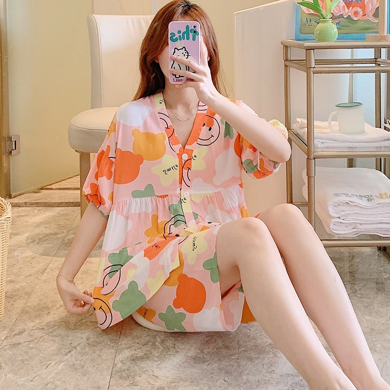 棉绸睡衣女夏季薄款短袖女款睡衣大码宽松清新可爱绵绸家居服套装