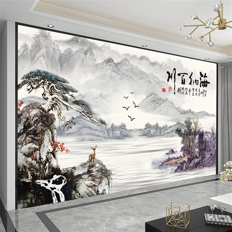 3D立体壁画山水画自粘墙纸墙贴客厅沙发电视背景墙壁布现代装饰画