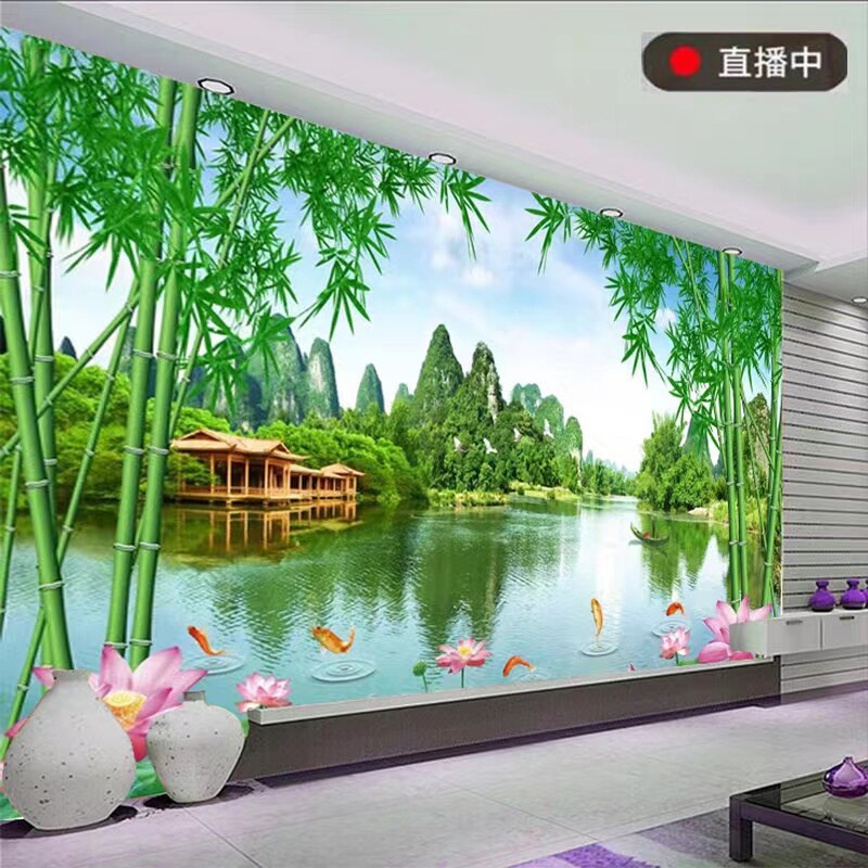 电视背景墙壁纸现代简约8d客厅装饰壁画墙布3d立体墙纸荷花竹子5d