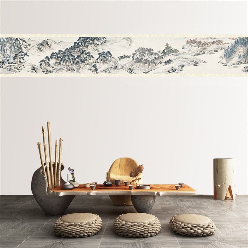 自粘墙纸腰线贴长条装饰画中式画复古画墙纸腰线自粘pvc壁纸挂画