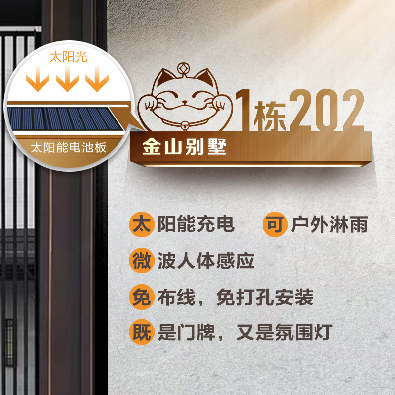 不锈钢太阳能发光门牌号定制家用别墅户外防水发光门铃街道标识牌
