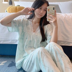 夏季女士棉绸睡衣套装防凸点人造棉家居服韩版短袖长裤绵绸空调服