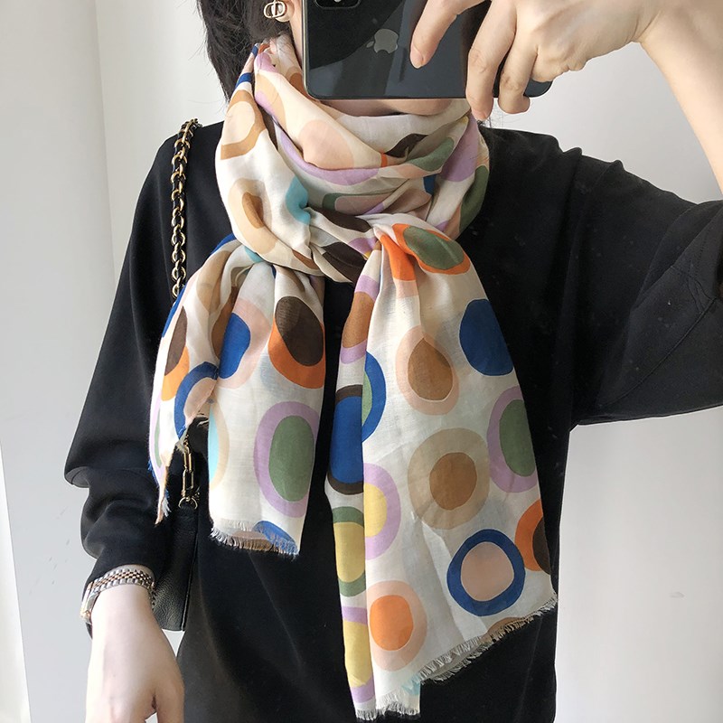2024新款手感棉麻围巾女彩色百搭大圈圈印花减龄简约丝巾披肩秋冬