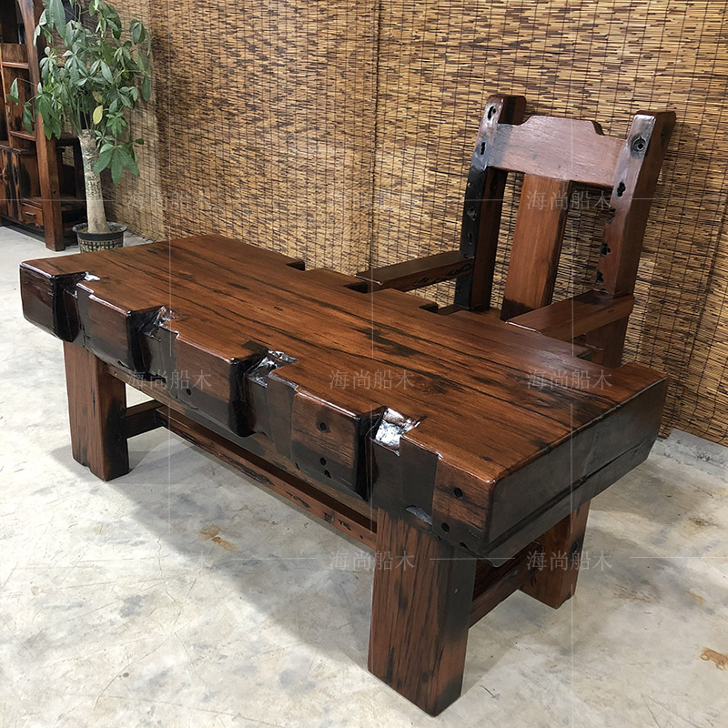 老船木茶桌椅组合双拼机舱木大板茶台大型泡茶桌原生态古船木家具