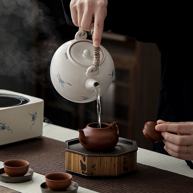 拓土手绘蝴蝶兰花围炉煮茶家用室内陶瓷煮茶壶电陶炉烧水茶壶套装