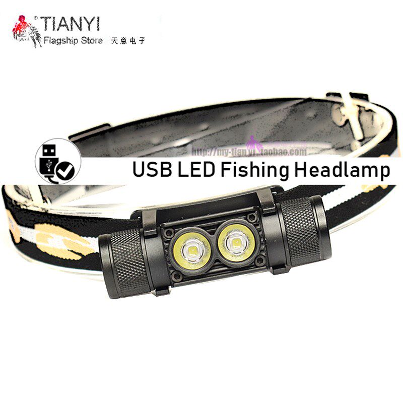 USB充电夜间骑行照明头灯 LED强光钓鱼头灯双灯头L2灯珠头戴头灯