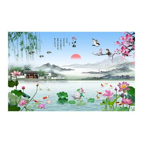 忆江南5d电视背景墙3D立体壁画中式山水风景画客厅壁布8d影视墙布