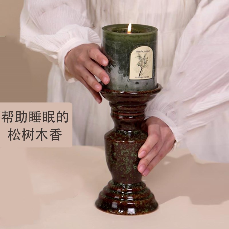 香薰蜡烛绿色圣诞杜松木烛台熏香持久除味小众高级摆件欧式高大号