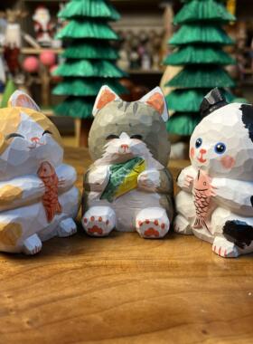 小猫咪木雕车载内饰办公室桌面装饰品工位创意解压治愈情绪小摆件