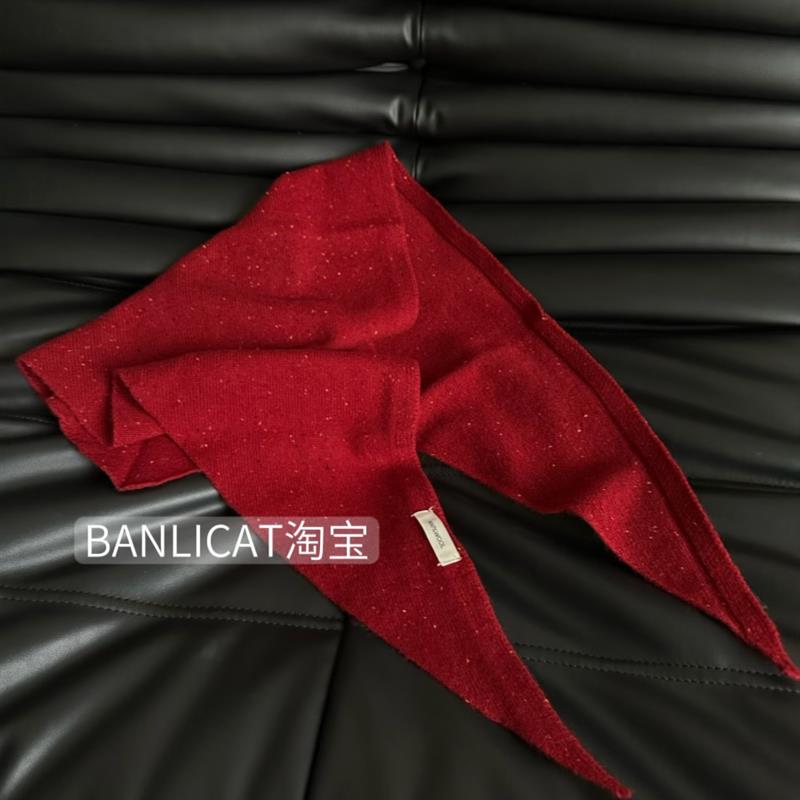 BanliCat100%羊毛氛围感显白红色针织三角巾女复古围巾小领巾披肩