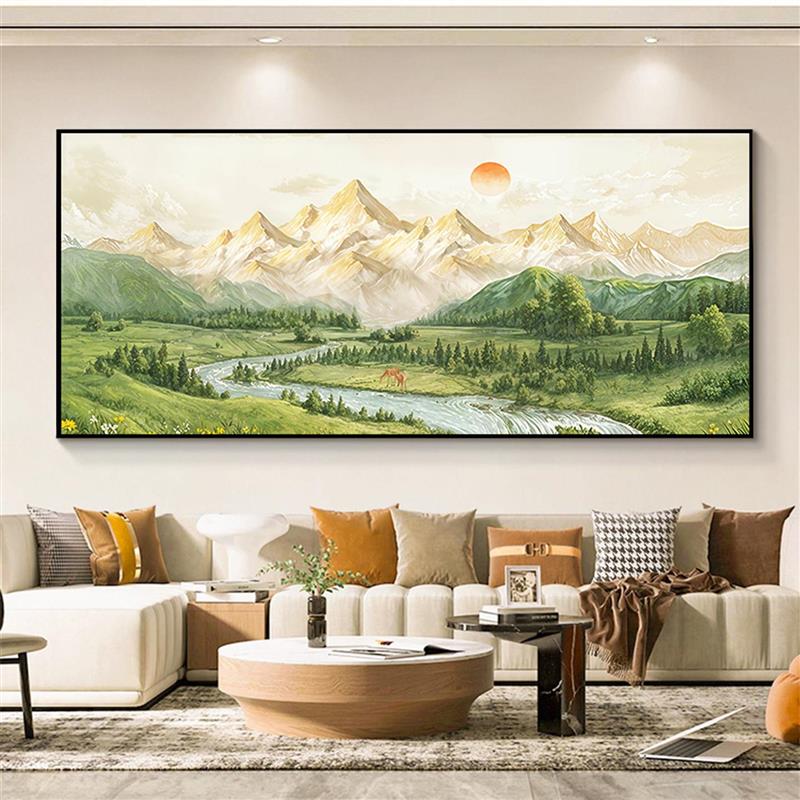 聚宝盆山水画客厅装饰画日照金山沙发背景墙挂画高级感聚财风水画