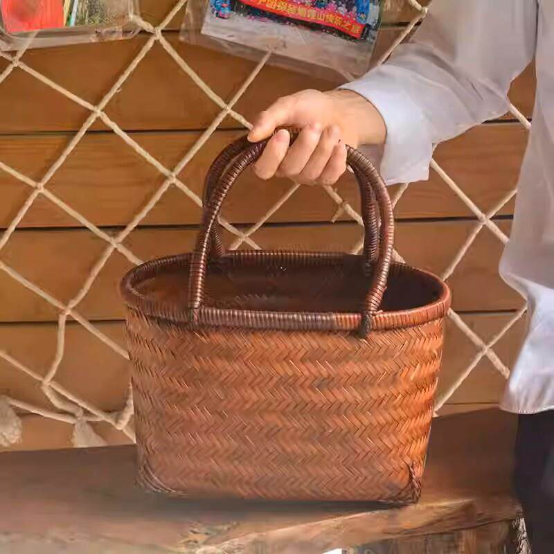 竹编篮子手提买菜编织竹制品老式收纳家用采摘水果竹青蓝大中小号