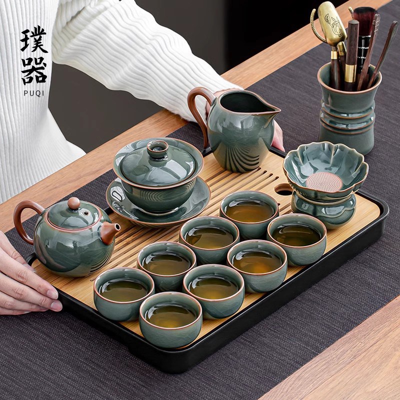 哥窑功夫茶具套装家用办公会客陶瓷泡茶专用茶壶轻奢高档茶杯茶盘