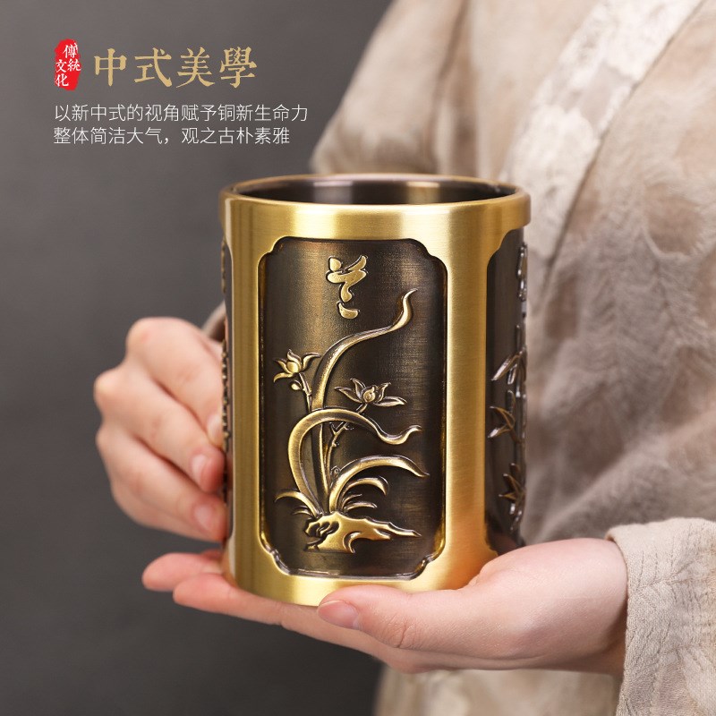 铜笔筒纯铜梅兰竹菊毛笔筒高档创意书房办公室收纳盒黄铜五牛笔筒