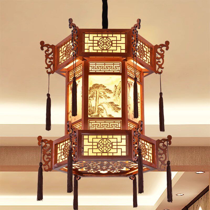中式吊灯实木餐厅阳台灯具仿古长廊茶楼饭店祠堂红灯笼羊皮灯门口