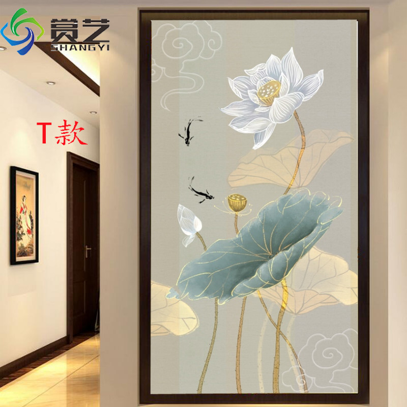 3d立体客厅瓷砖入户玄关壁画简约过道微晶中式卫生间背景墙荷花鱼