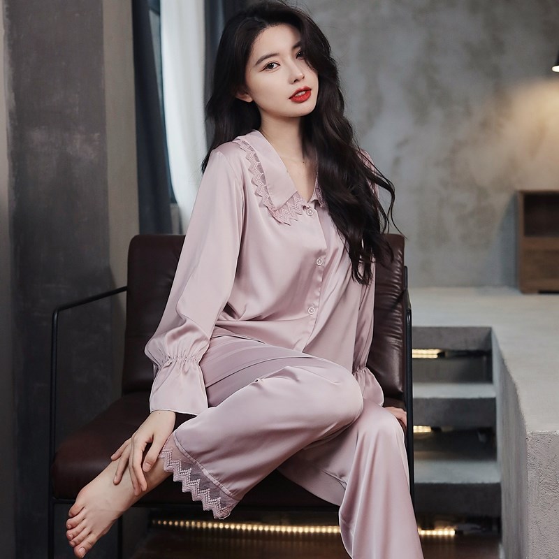冰丝长袖睡衣春季女士纯色蕾丝花边丝绸春秋夏薄款家居服两件套装