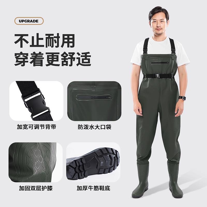 下水裤半身防水雨裤带雨鞋库连体全身衣服男捕抓鱼背带裤护膝加厚