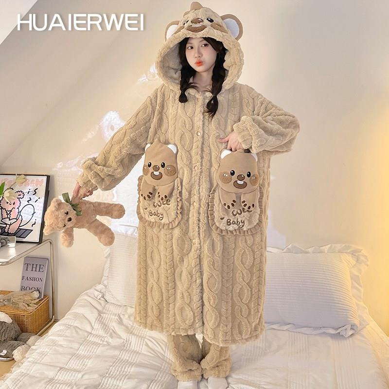 2025新款珊瑚绒睡衣女加绒加厚睡袍女士冬天浴袍秋冬季家居服套装