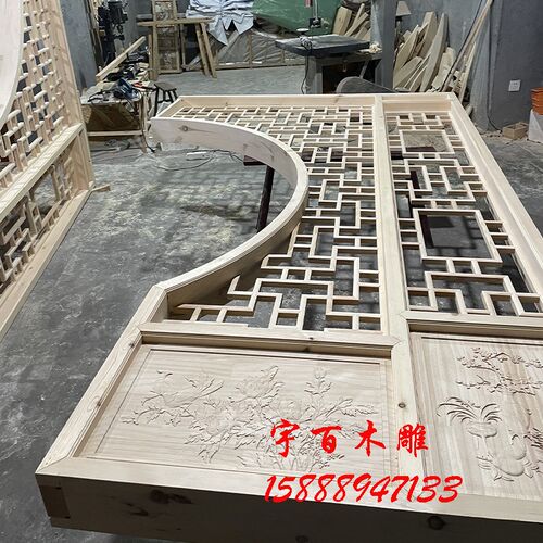 镂空新中式客厅隔断月亮门圆拱门仿古实木花格月洞门博古架多宝阁